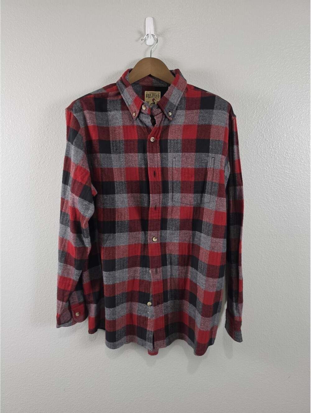 Mens Large Red Head Brand Co. Flannel Button Up Shirt Red Plaid Long Sleeve
